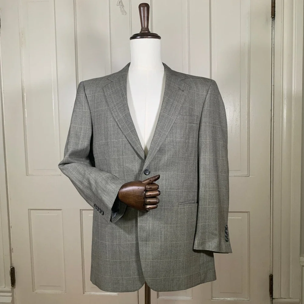 Jos A Bank Signature Blazer Mens 40R Grey Glen Plaid Silk Wool Sport Coat